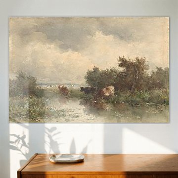 Three cows at a pond, Willem Roelofs