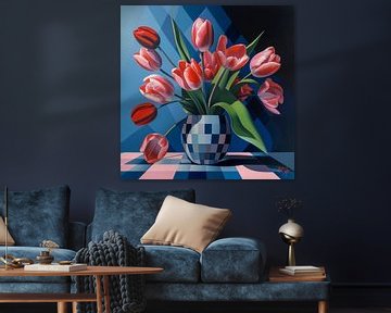 Illustratie van tulpen met geometrische achtergrond van René van den Berg