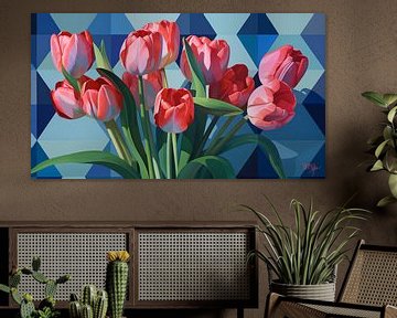 Illustratie van tulpen met geometrische achtergrond II van René van den Berg
