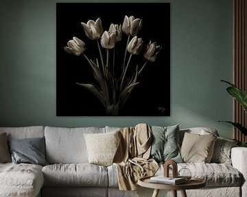 Tulipes minimalistes dans un décor monochrome sur René van den Berg