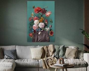 Zelfportret met bloemen 3 (rechthoekig, groengrijs)