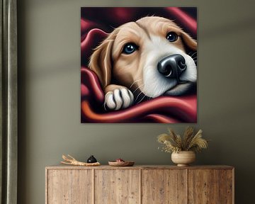 Hundekopf mit Pfote zwischen Decken I von Betty Maria Digital Art