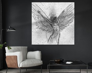 Abstract werk bescherm engel met gespreide vleugels in grijs van Emiel de Lange