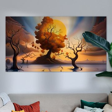 Surrealistische Landschaft im Stil von Dali, goldene Stunde