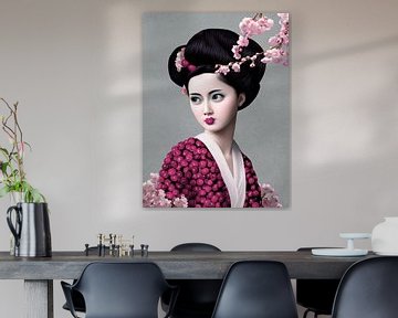 Geisha with kimono of cherries and cherry blossoms