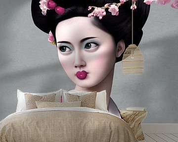Geisha met kimono van kersen en kersenbloesems van Britta Glodde