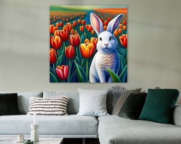 Konijn in veld met tulpen - Naïeve Kunst van Betty Maria Digital Art