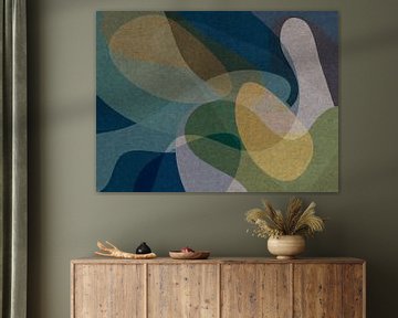 Moderne abstracte organische vormen in pastel aardetinten. Donkerblauw, geel, roze, groene kleuren van Dina Dankers