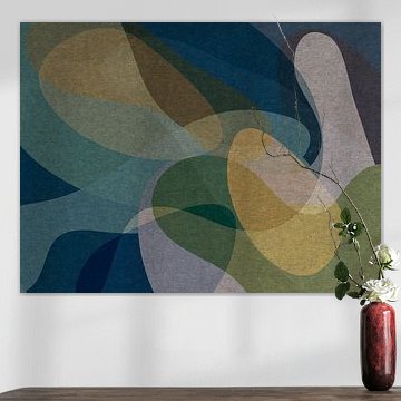 Moderne abstracte organische vormen in pastel aardetinten. Donkerblauw, geel, roze, groene kleuren van Dina Dankers