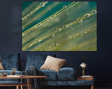 Abstractie:  Lijnen (sprietjes) met waterdruppeltjes in groen en turquoise van Marjolijn van den Berg