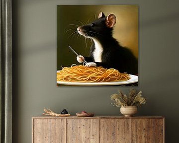 Surrealistische rat eet spaghetti