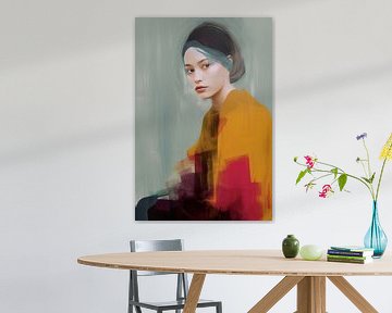 Portrait moderne en jaune ocre, rouge et bleu sur Carla Van Iersel
