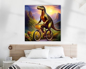 surrealer Dinosaurier T-Rex auf einem Fahrrad von Carina Dumais