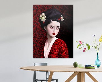 Surreale Geisha vor einer Wand aus roten Kirschen