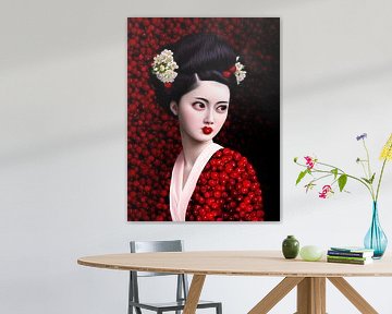 Surreal Geisha in front of a wall of red cherries by Britta Glodde