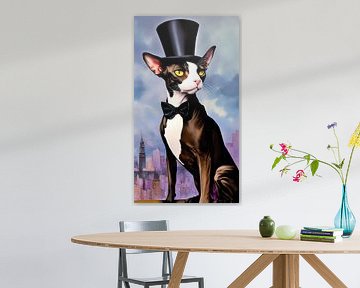 Decent Sphynx cat with top hat and bow tie by Maud De Vries