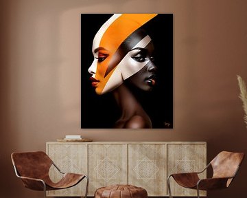 Wie kijkt er? Close up portret in oranje, wit,zwart van René van den Berg