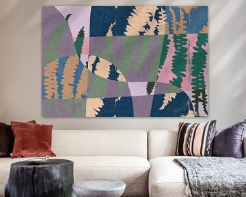 Modern abstract geometric art with organic shapes. Ferns in pink, blue, green by Dina Dankers