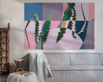 Moderne abstracte geometrische kunst met organische vormen. Varens in roze, paars, blauw van Dina Dankers