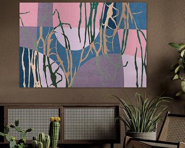 Moderne abstracte geometrische kunst met organische vormen. Gras in roze, blauw, paars