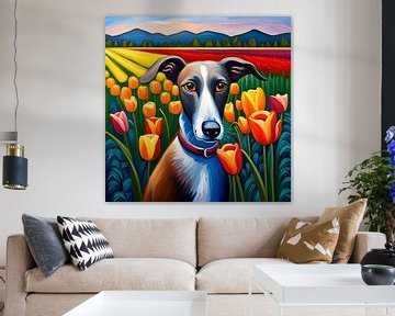 Greyhound in Tulpenveld I van Betty Maria Digital Art