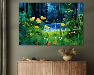 Buttercup | Shimmering blooms | Post-Impressionist | Emerald green and marigold by Blikvanger Schilderijen