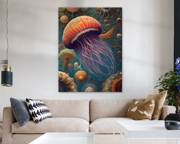 Abstract jellyfish in orange and blue by Retrotimes