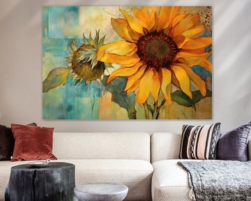 Zonnebloem | Gouden zon in rustgevende omgeving | Bloemen schilderij, Fresco-schildering van Studio Blikvangers