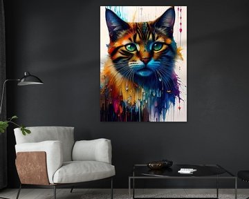 Een abstract acrylverfschilderij van een kat van Retrotimes