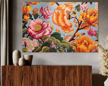 Retro | Betoverende Bloemenpracht | Retro-bloemen, Wand- of muurschildering van Blikvanger Schilderijen