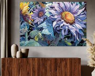 Zonnebloem | Droomachtig bloemenveld | Gouache | Zonnebloemen van Blikvanger Schilderijen