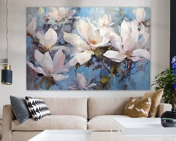 Magnolia | Dwalend in Magnolias pracht| bloemen schilderij | indrukwekkend kunstwerk. van Studio Blikvangers