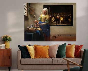 Het Melkmeisje met Rembrandt en zonnestralen van Digital Art Studio