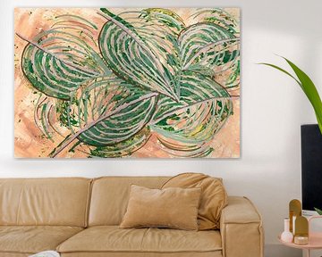 Peinture de cinq feuilles d'hosta dans des tons naturels sur Lisette Rijkers