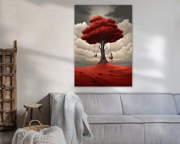 Mädchen auf Schaukeln, großer roter Baum, Surrealismus von Jan Bechtum