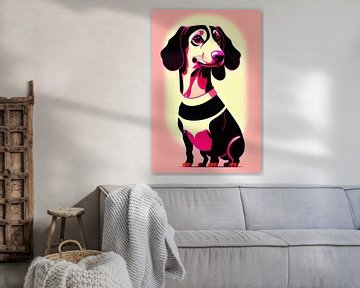 Poster art stijl teckel roze geel van Maud De Vries