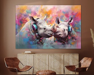 Rhinos Listening to music | Modern Kunstwerk van Blikvanger Schilderijen