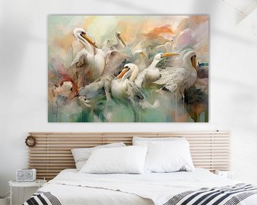 Pelicans Eating | Abstracte kunst van Blikvanger Schilderijen