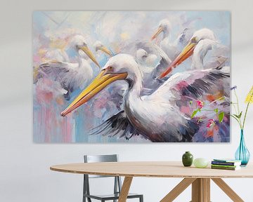 Pelicans Taking Selfie | Abstracte kunst van Blikvanger Schilderijen