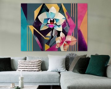 1920 KuCubism Orchidee bloemen met geometrische achtergrond van Wolfsee