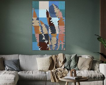 Moderne abstracte botanische kunst. Varenbladeren op geometrisch patroon in retro kleuren 2