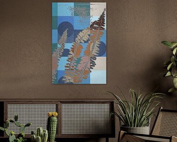 Moderne abstracte botanische kunst. Varenbladeren op geometrisch patroon in retro kleuren 3