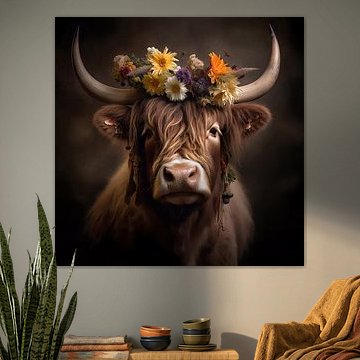 Hochlandrind mit traditionellem Kopfschmuck von YArt