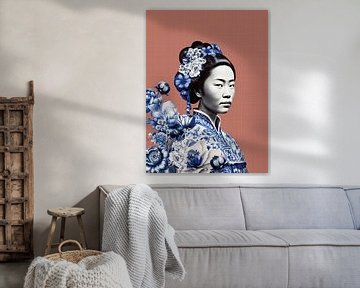 Japanse vrouw in Delfts blauw op Terra achtergrond, moderne variatie op een Geisha portret van Mijke Konijn