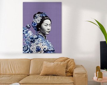 Japanse vrouw in Delfts blauw op Lila, paarse achtergrond, moderne variatie op een Geisha portret van Mijke Konijn