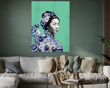 Femme japonaise en Delftware sur fond vert, variation moderne d'un portrait de Geisha