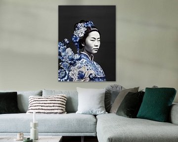 Japanese woman in Delft blue on black background, modern variation on a Geisha portrait by Mijke Konijn