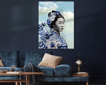 Japanse vrouw in Delfts blauw op een achtergrond van wolken, moderne variatie op een Geisha portret van Mijke Konijn