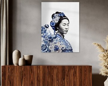 Japanse vrouw in Delfts blauw op Witte achtergrond, moderne variatie op een Geisha portret van Mijke Konijn