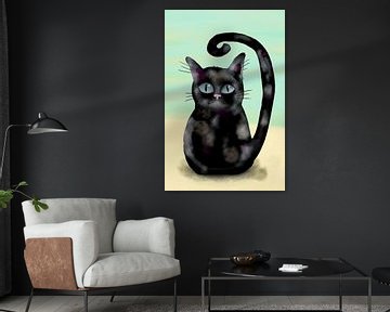 Schwarze Katze mit blauen Augen und gelocktem Schwanz